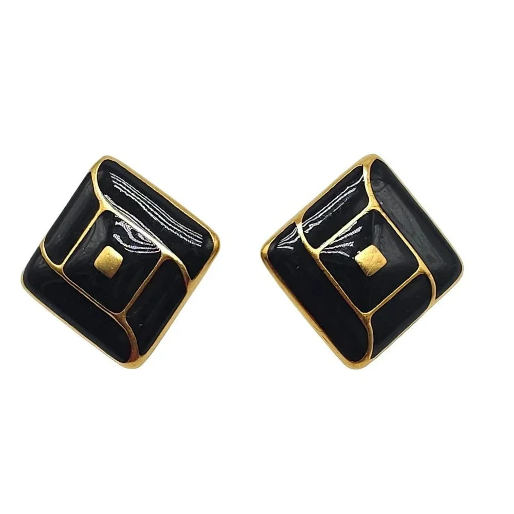 Black Enamel 1980s Runway Square Clip on Earrings Gold Tone Vintage